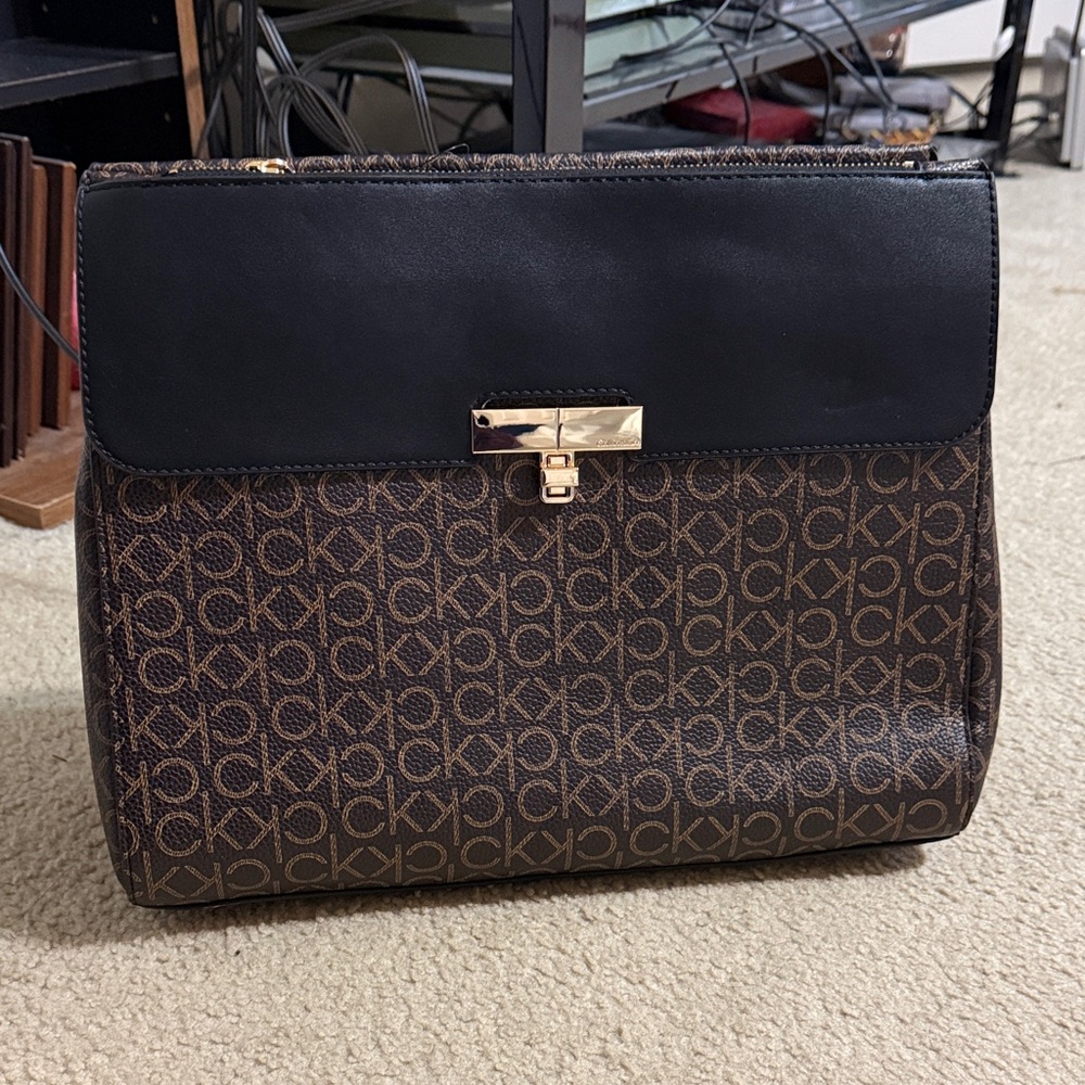 Calvin Klein Black and Brown Monogram Shoulder Bag